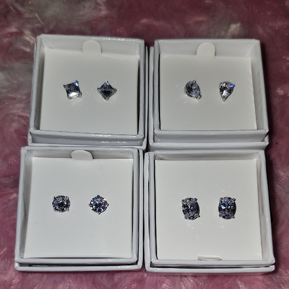 Cubic Zirconia Stud Earrings - Set of 4